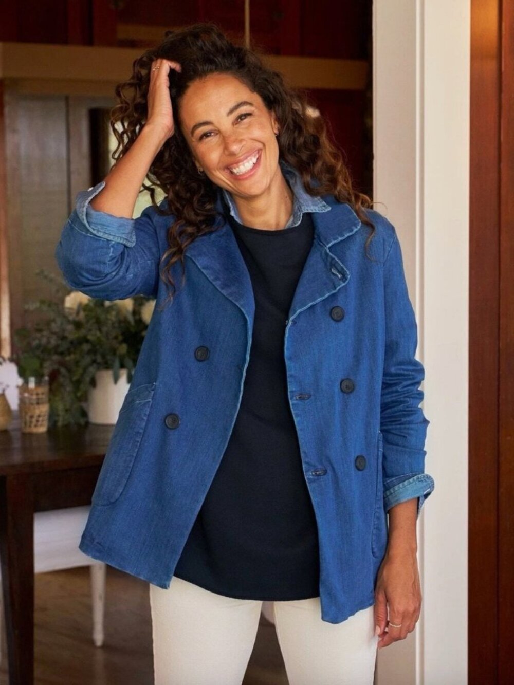 Frank & Eileen Belfast Double Breasted Denim Blazer Jacket Size L
